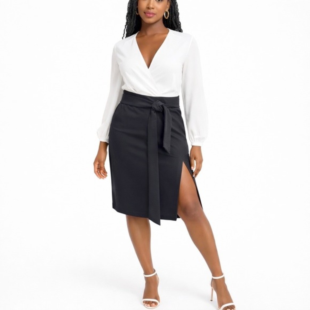Express Black Tie Waist Side Slit Wrap Style Skirt Womens Large Rayon Blend